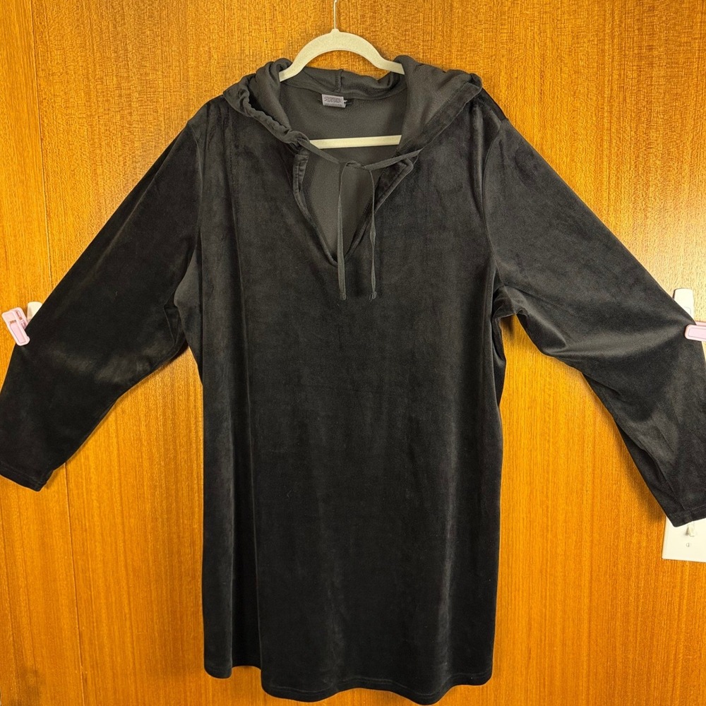 Joe Boxer Womens Black Velour Hoodie Sleep Shirt Loungewear Tunic 1X